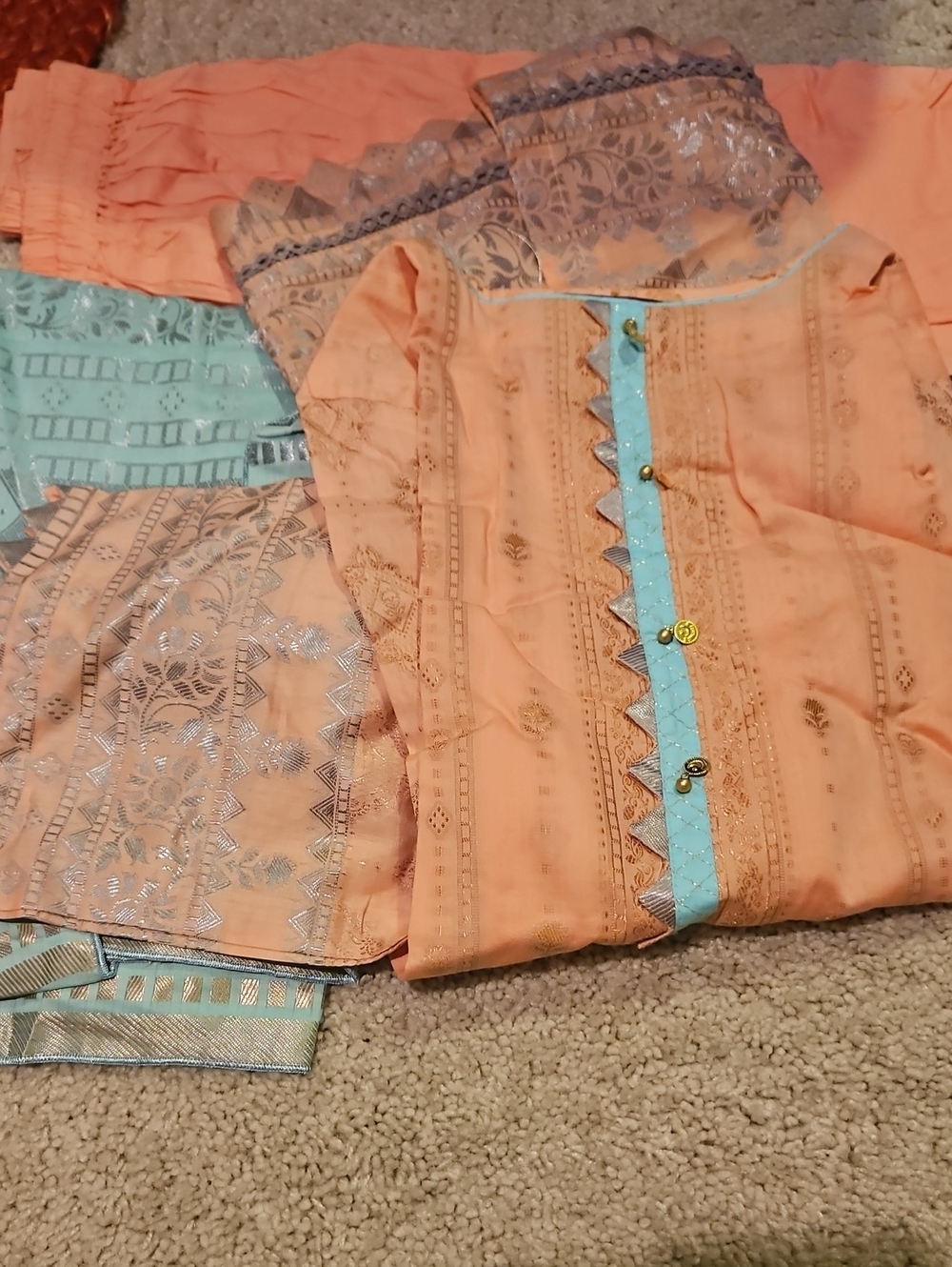 Peach & Light Blue Embroidered Ethnic Kurta Set